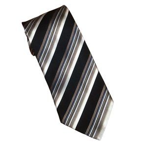 GEOFFREY BEENE SILK TIE DESIGNER Black, Tan, Silver Stripes 58”